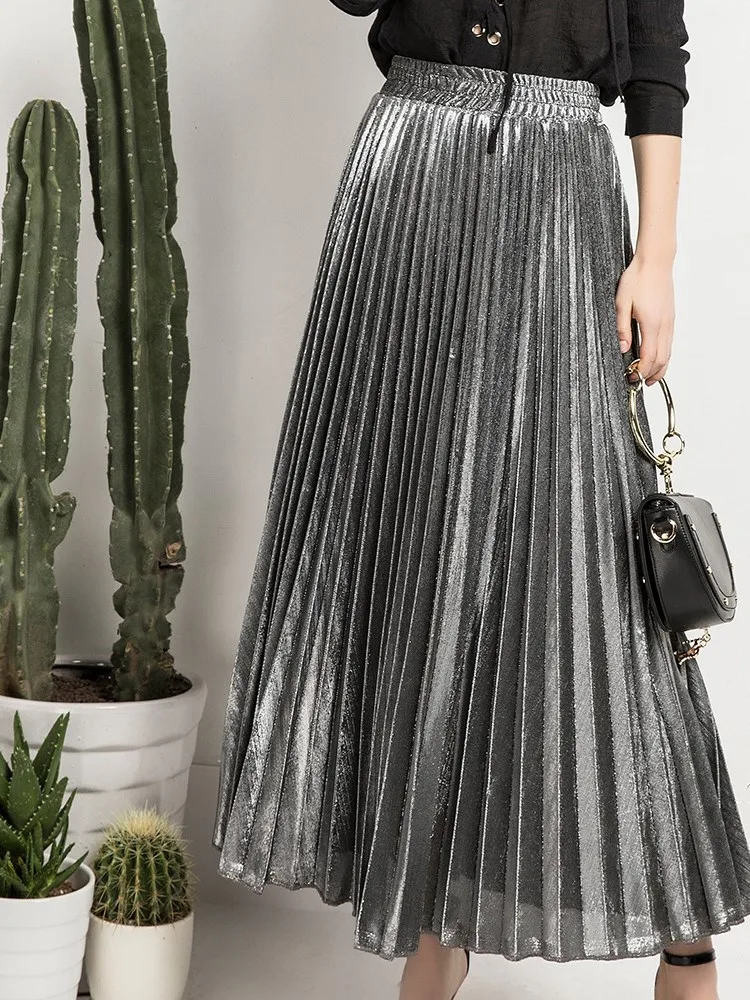 Spring Summer Elegant Pleated Maxi Skirt Women Elastic High Waist Golden Big Hem Skirt Slimming Skirt Work Leisure Travel Wear