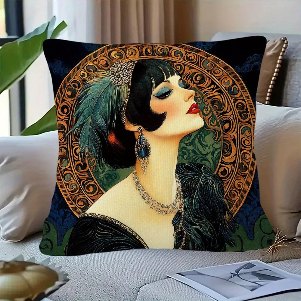 Vintage Flapper Girl Pillow Case, Art Deco Style Cushion Cover, Retro 1920s Fashion Lady Home Decor for Sofa Bedroom Living Room