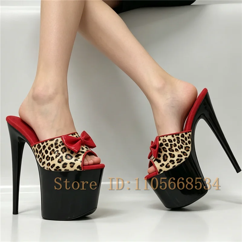Women Leopard Print Patent Platform Mule High Heels Sexy Peep Toe 13/15/17/20CM Super Stiletto Pole Dance Runway Slippers