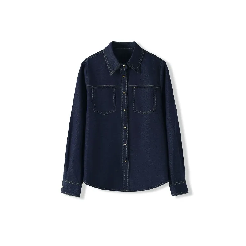 Women's Retro Hong Kong Style Faux Denim Brushed Shirt Spring Autumn Lapel Long Sleeve Casual Layering Blouse