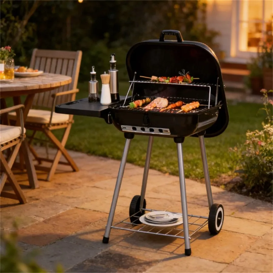 Charcoal barbecue grill for backyard picnic cookware, black, heavy-duty steel with adjustable height and rust-resistant coating