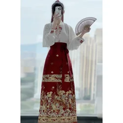 Saia feminina de cavalo hanfu, conjunto de duas peças, vestido tradicional chinês, saia bordada, dinastia Hanfu Ming, 2023