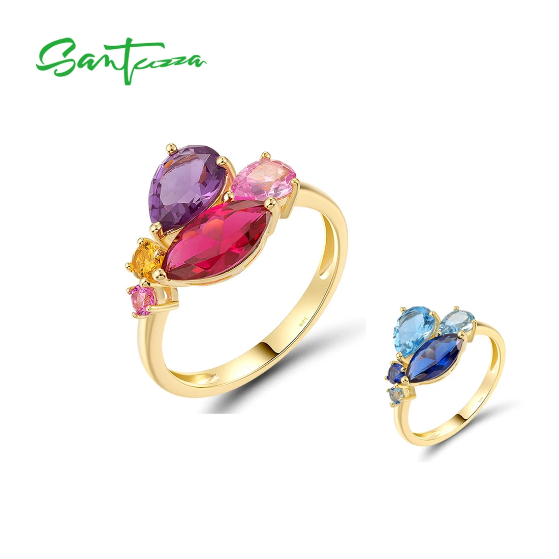 SANTUZZA Authentic 925 Sterling Silver Ring For Women Shiny Synthetic Blue/Red Spinel Delicate Wedding Bride Gifts Fine Jewelry