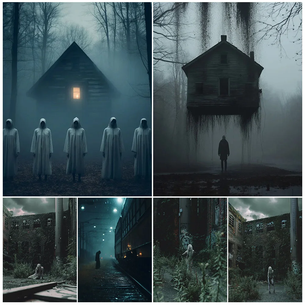 

Haunted House In The Forest,Vintage Wall Art Canvas Painting,Abandoned Buildings And Monsters,Gothic Art Poster Print Decoration