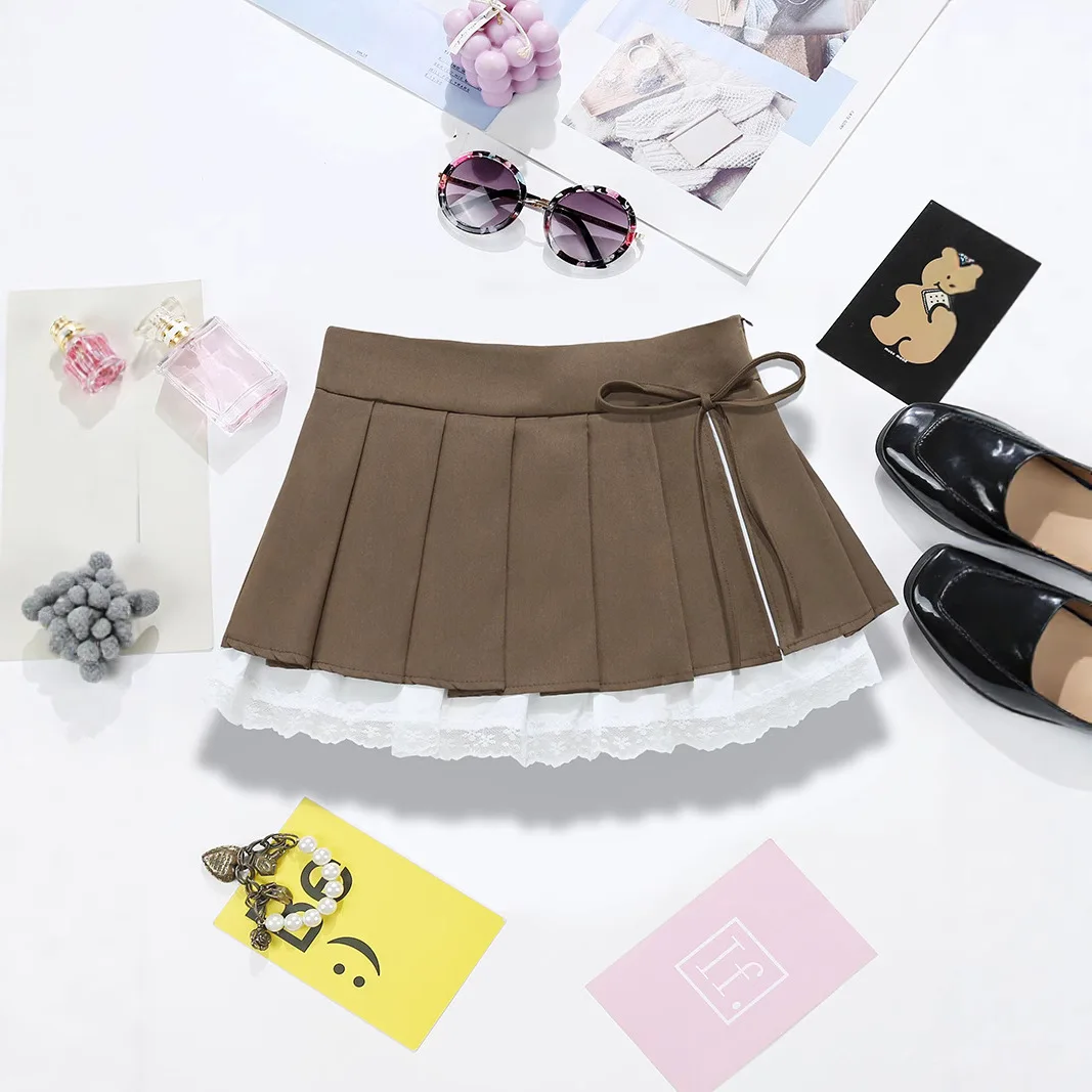 2026 Nieuwe Boog Grijze Rok Hoge Taille Kant Splicing Split Een Woord Plooirok Dames