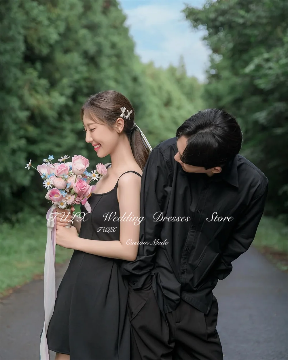 TULX 심플 블랙 미니 이브닝 드레스 한국 포토 촬영 스파게티 스트랩 A라인 숏 웨딩 파티 드레스 코르셋 맞춤 제작 2025