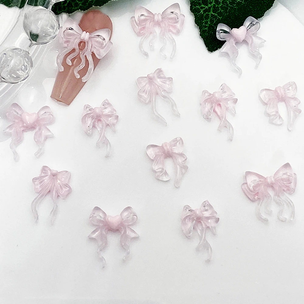 20pcs Clear Pink Ribbon Bows Nail Art Charm 3D Kawaii Pink Bows Nail Decoration DIY Resin Cute Ribbon Manicure Decor Parts