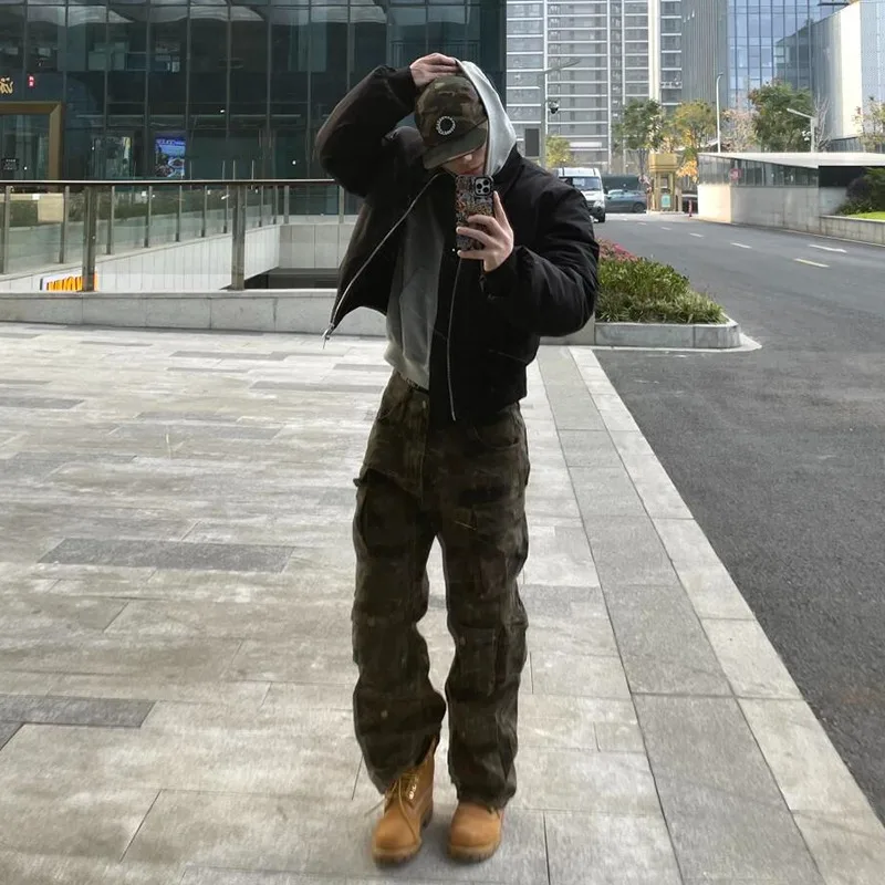 Men's and women's four season American style multi pocket black workwear pants straight tube micro flared camouflage pants denim