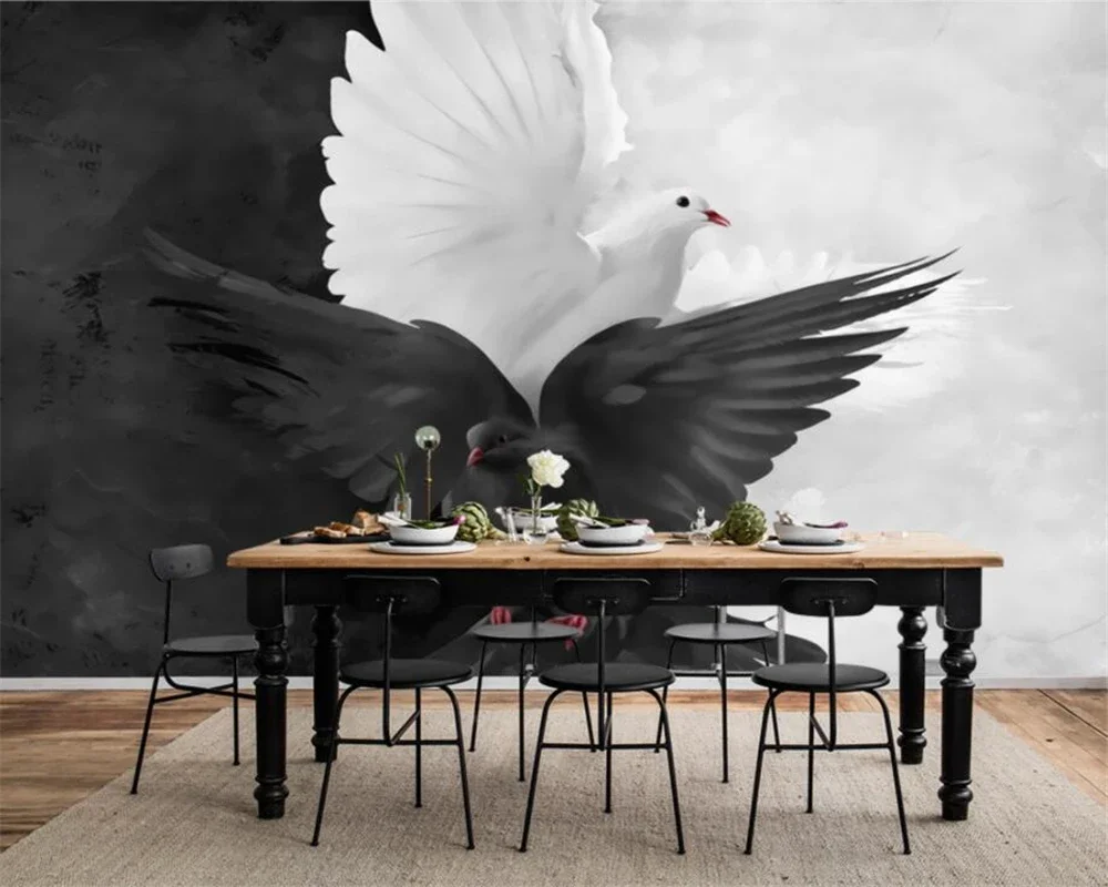 

Custom wallpaper personalized fashion simple hand painted black and white pigeon photo mural background 3d wallpaper