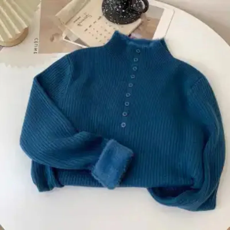 

One-piece Velvet Half Turtleneck Long-sleeved Sweater for Women Autumn and Winter Korean Style Slim Bottoming Shirt Top