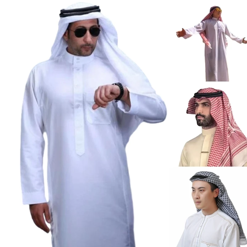 2023 New Ramadans Muslims Dress Abayas Dubai Casual Kaftan Robe Islamic Costume with Arab Head Scarf Keffiyeh Set Gifts for Men