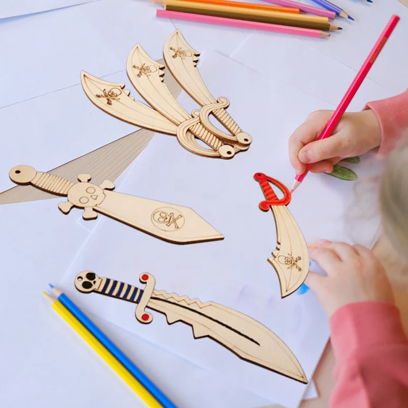 16/32pcs Unfinished Wooden Pirate Sword Set Including Various Shaped Blank Swords, Wooden Sword Pirate Sword