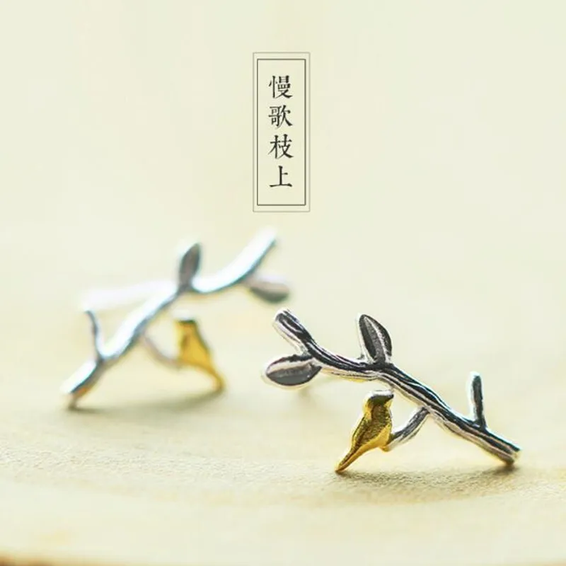 New Fashion Personality 925 Sterling Silver Jewelry Earrings Branches Bird Fresh Art Style Simple Gift Earrings  E018