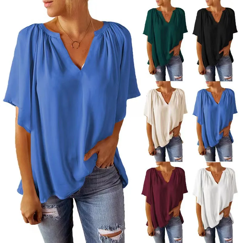 

New Women Blouse Half Sleeve Loose Chiffon V-Neck Blusa Feminina Spring Summer Tops Office Shirt White Black