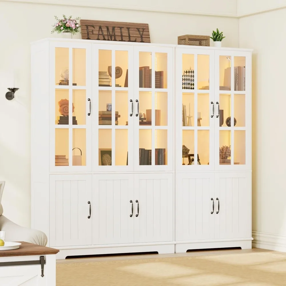 

71" LED Storage Cabinet Set of 2, Display Cabinet with Door& Adjustable Shelf, Kitchen Pantry/Bookshelf for Living Dining Room &