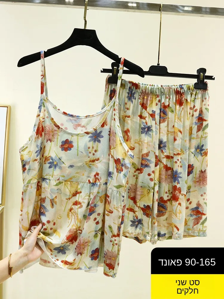 

Summer Cotton Silk Strap Shorts Set Women Loose Sleeveless Home Clothes Cool Feeling Artificial Cotton Nightgown Two Piece Set