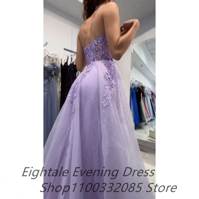 Eightale Customized 2025 Lavender Tulle A Line Evening Dress Wedding Party Halter Neck Sexy Slit Appliques Prom Dress Party Gown