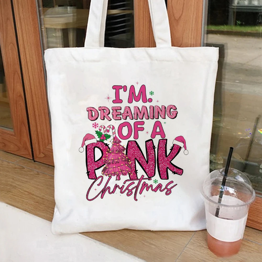 

Retro Im Dreaming of A Pink Christmas Tote Bag Large Capacity Shopping Bags Shoulder Handbag Eco Girl Handbags
