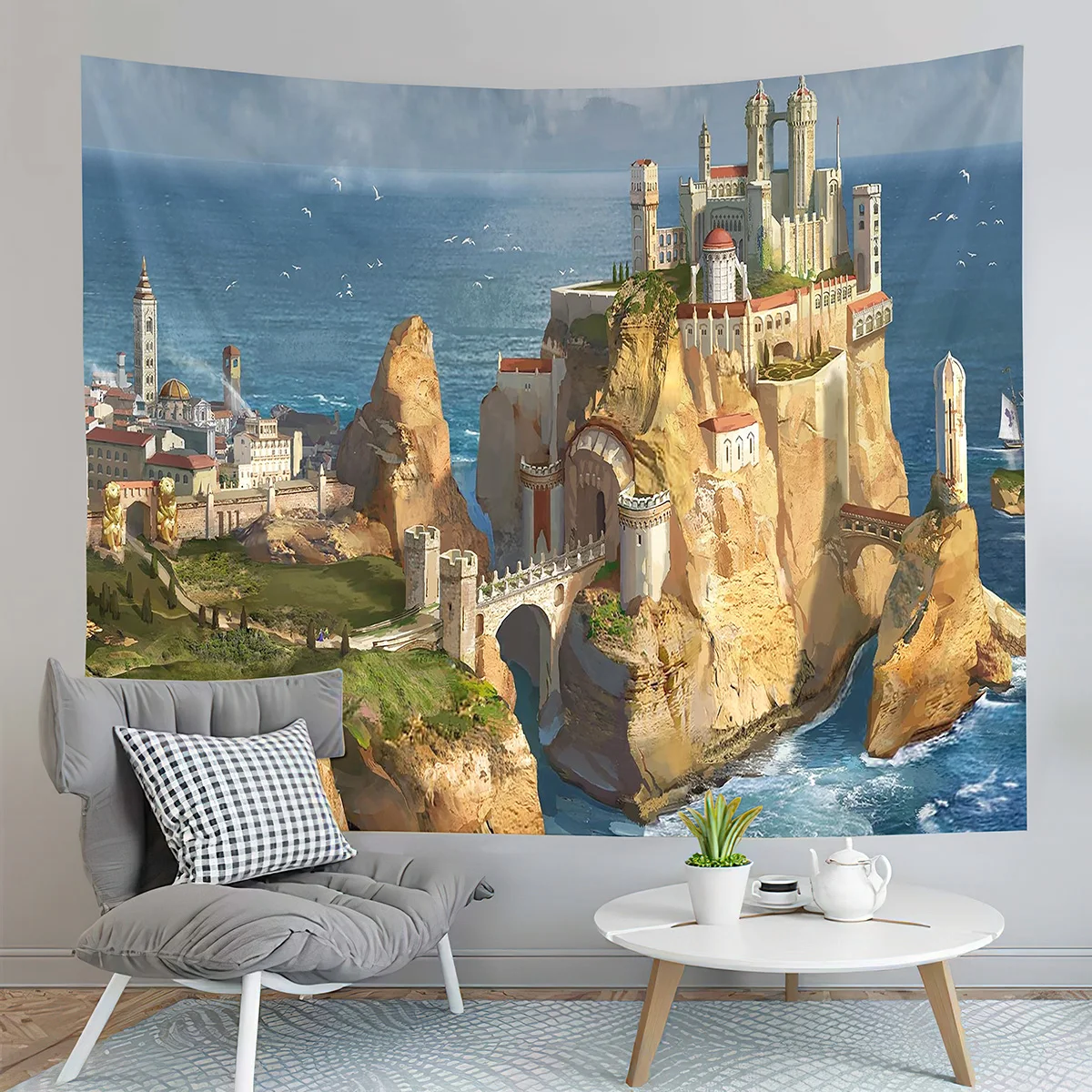 

Fantasy Cartoon Castle Tapestry Seaside Reef Tapestry Land and Ocean Tapestry Living Room Dorm Bedroom Decoration Tapestries