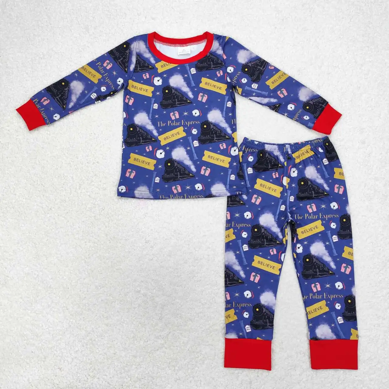 New Fashion Baby Boys Train Navy Blue Long-sleeved Trousers Pajamas Set Wholesale Boutique Children RTS