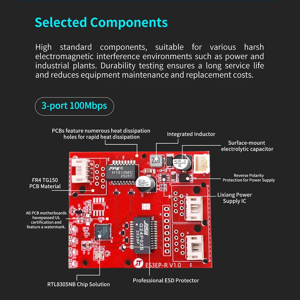 Industrial 3-Port 100M POE Embedded Switch PCBA Board 100Mbps LAN Module for Automation UAV Internal Power Data Network