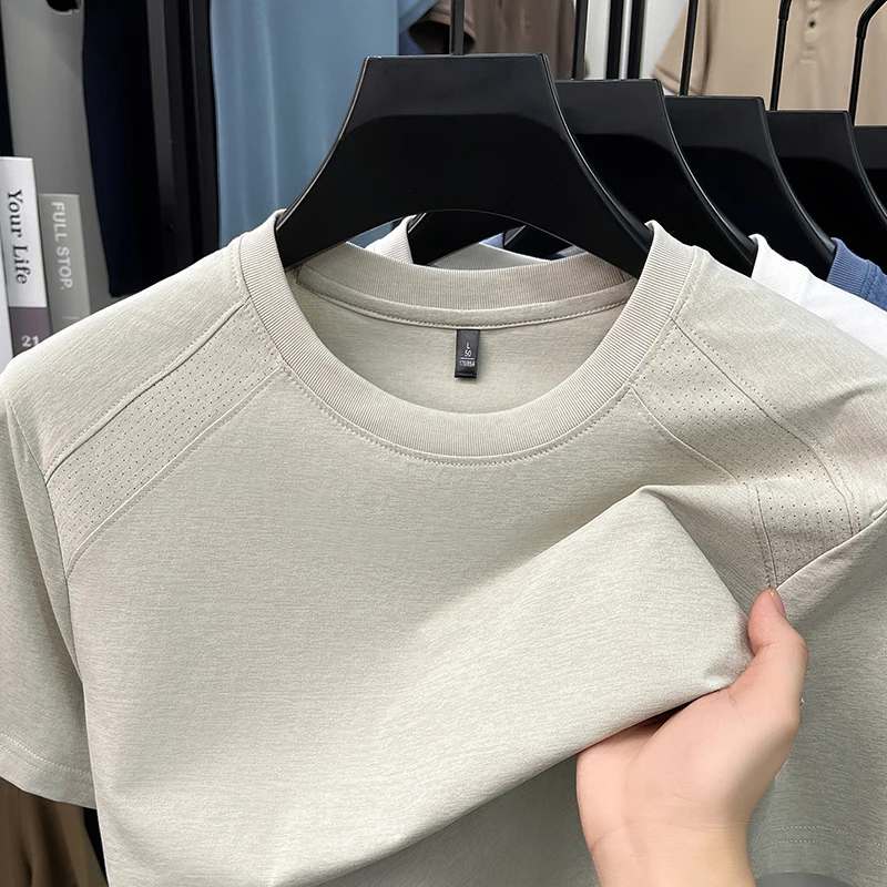Summer New Style Men's Quick-Drying Mesh Fabric Round-neck Plaid Short-Sleeved Casual Breathable Base