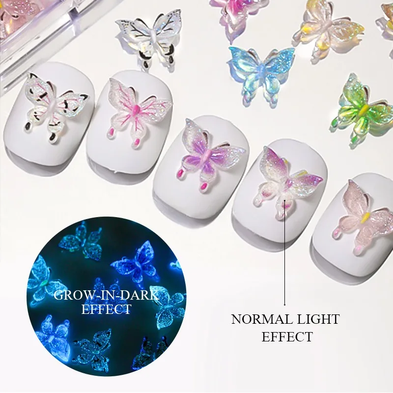 50Pcs/Bag 3D Nail Butterfly Nail Art Noctilucent Accessory Resin Drill Acrylic Nail Decoration Rhinestone DIY Manicure Supplique