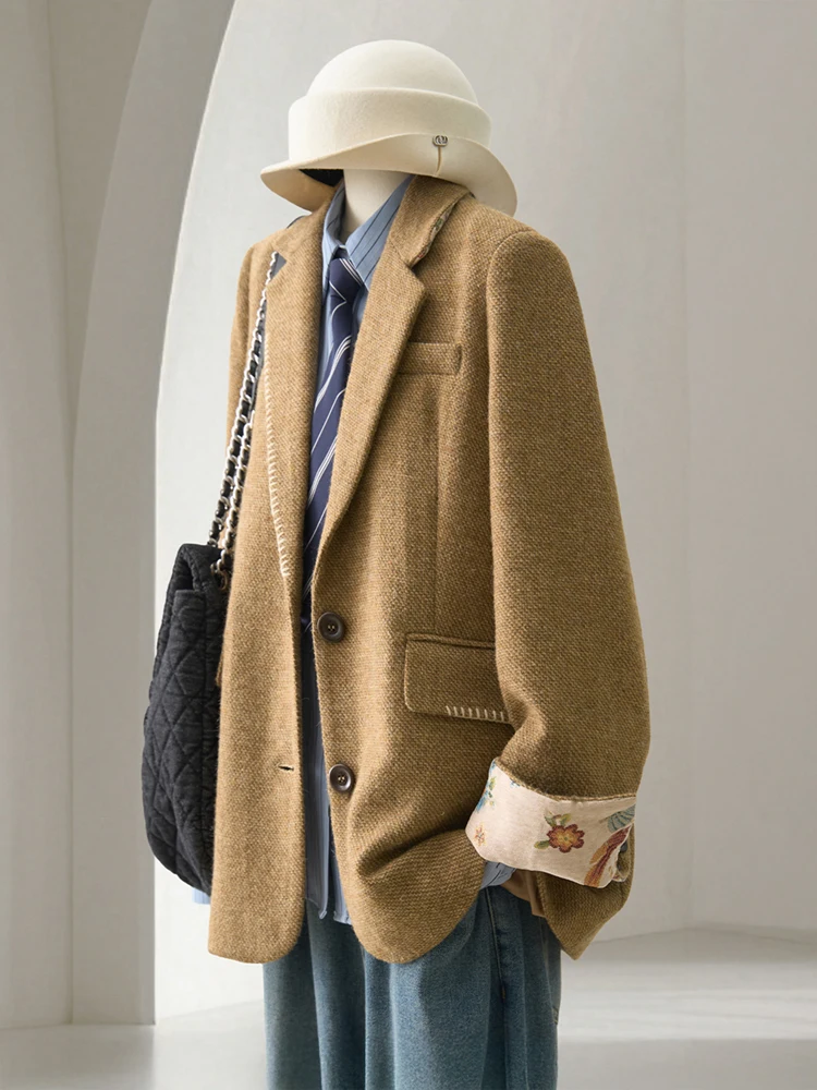 

Women Wool Blend Blazer Jacket with Floral Cuff Print Loose Fit Casual Tweed Jacket for Office & Daily Wear