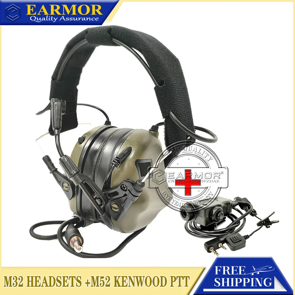 

EARMOR M32 Tactical Headset M52-Kenwood PTT Adapter A Set for Military Communication Shooting Hearing Protection Noise Canceling