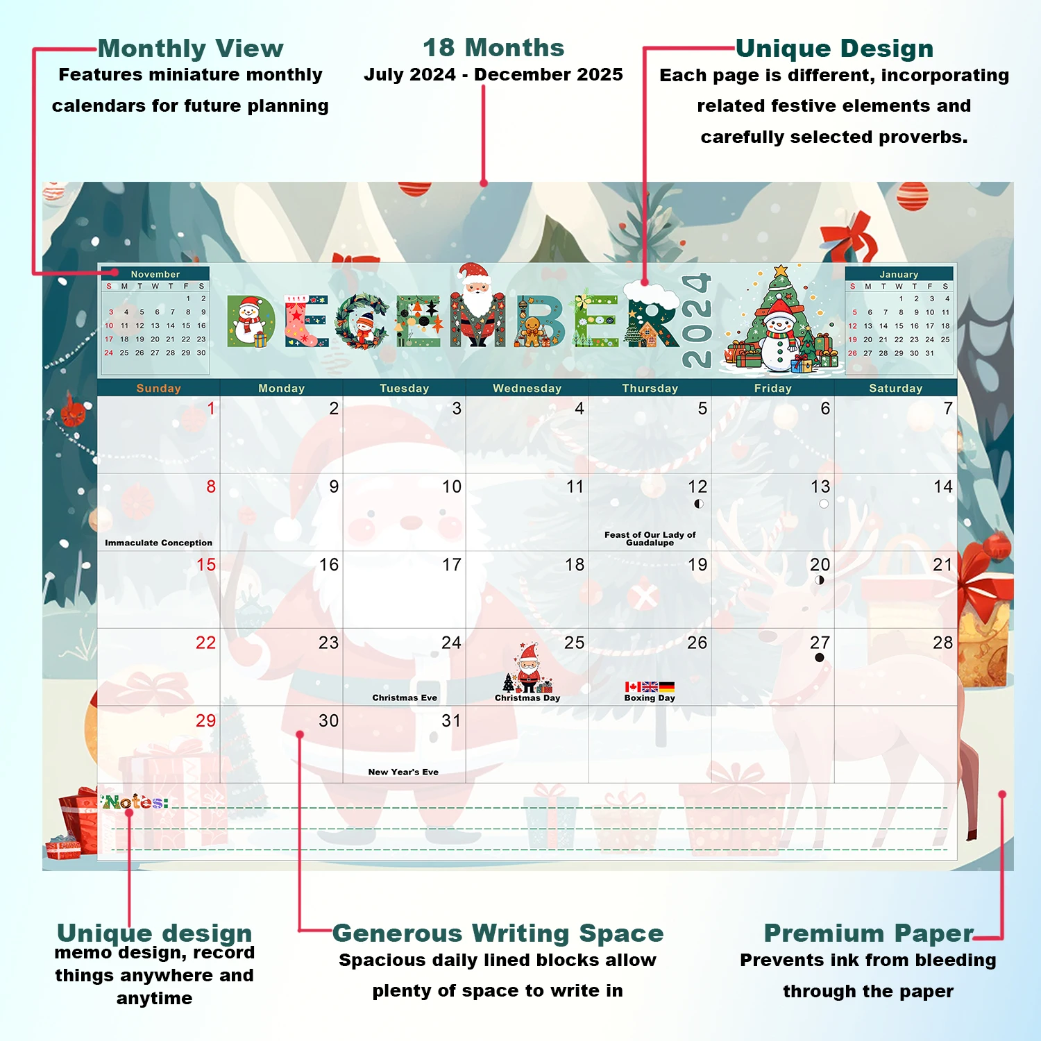 1 Set Large Family Wall&Desk Calendar for Hanging-18 Month To View Home Family Planner-July.2024 - Dec.2025