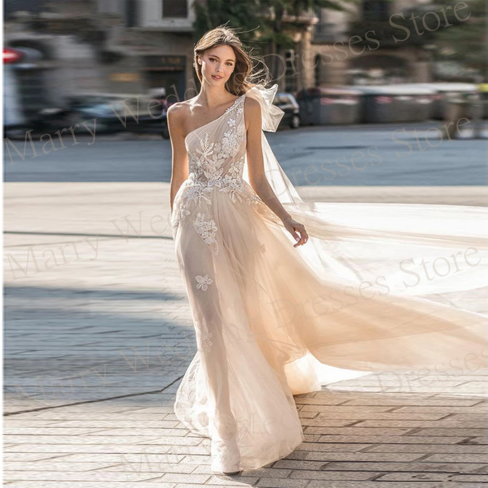 Vestidos de casamento feminino de tule, lindos e graciosos, modernos apliques de renda, vestidos de noiva com um ombro, novos