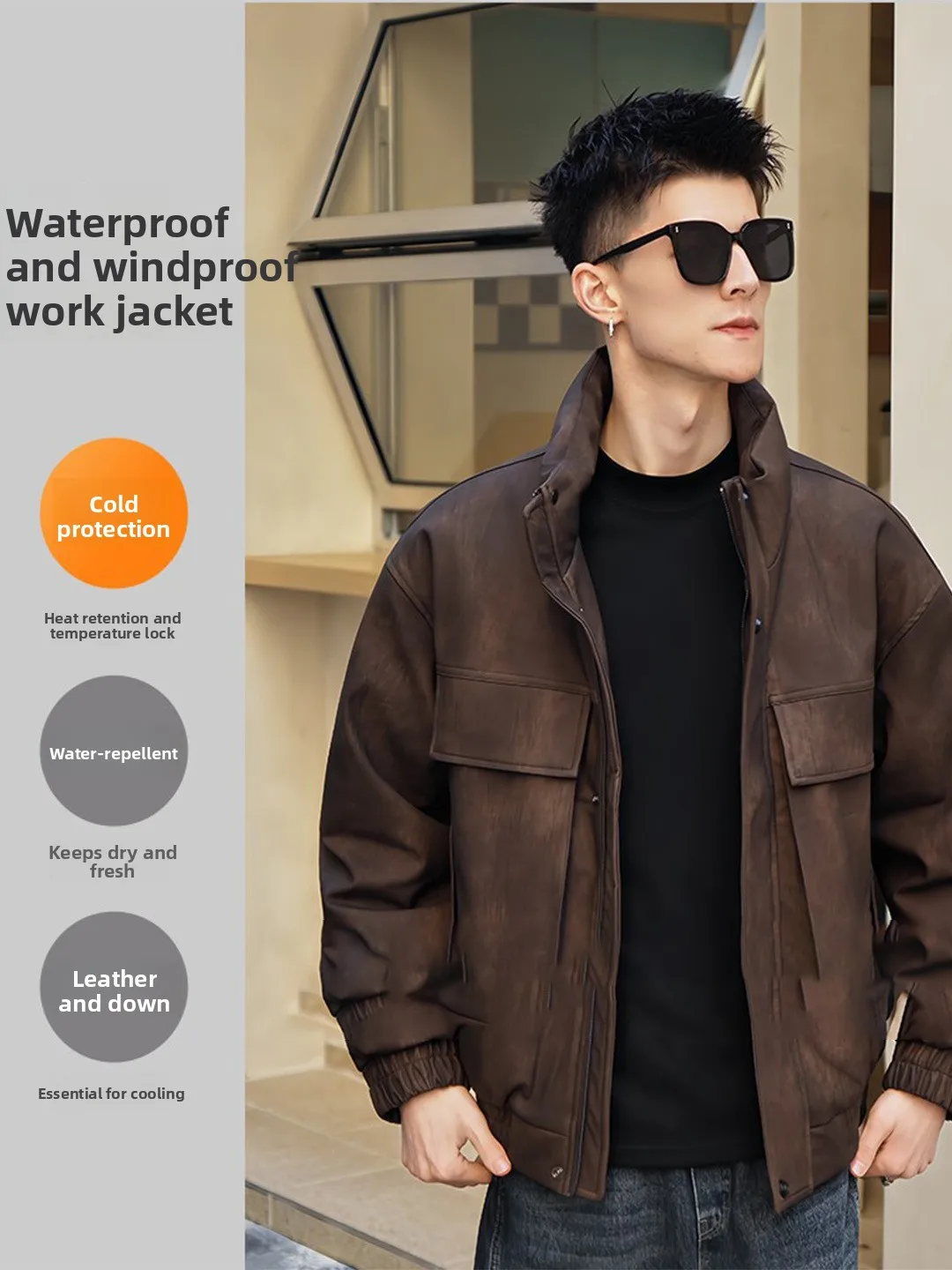 

Теплая мужская куртка из искусственной кожи с эффектом окрашивания, воротником-стойкой, ветрозащитная, винтажная, с пушистым наполнителем, для работы