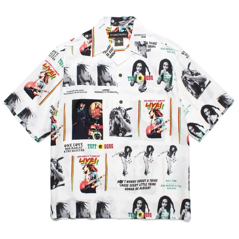 Mens Womens Summer Multicolor Heavy WACKO MARIA Embroidery Stripes Colorblocking Shirt Hawaii Brand Short Sleeve Shirt