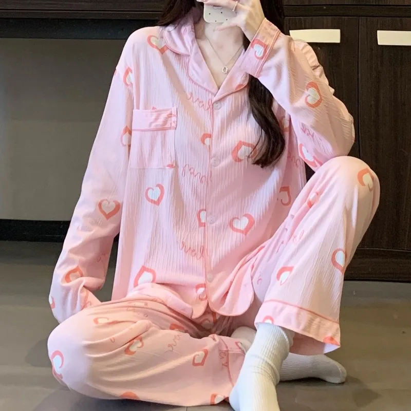 الوردي ربطة القوس فيونكة الحب طباعة منامة للنساء كم طويل بلوزات ومرونة الخصر السراويل منامة مجموعة Harajuku نمط ملابس منزلية جديدة غير رسمية