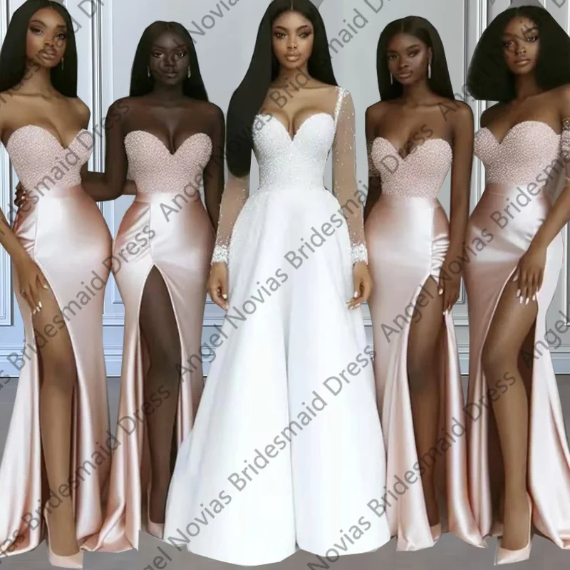 

Long Light Pink Bridesmaid Dresses Pearls Beading Wedding Party Dress Robe Mariage Invite robe demoiselle d'honneur de mariage