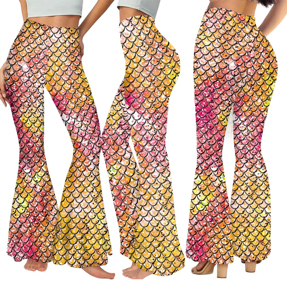 

New Womens Fish Scale Slim Flared Pants Shiny Mermaid Bell Bottoms Halloween Cosplay Party Carnival Costumes