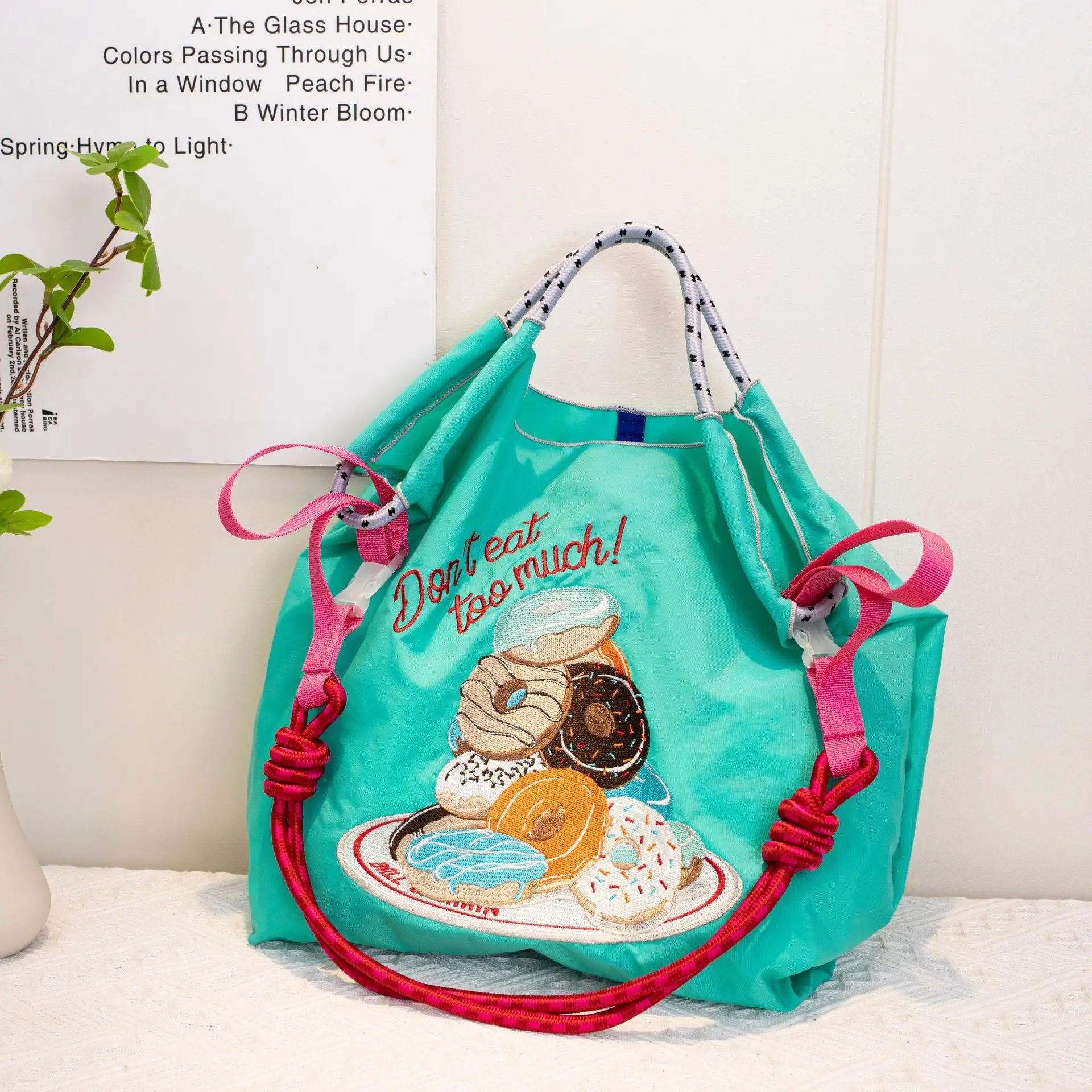 Korean Style Embroidered Nylon Shopping Bag Tote Single Shoulder Eco-friendly Handbag Trendy Student Bag Casual Travel Bag