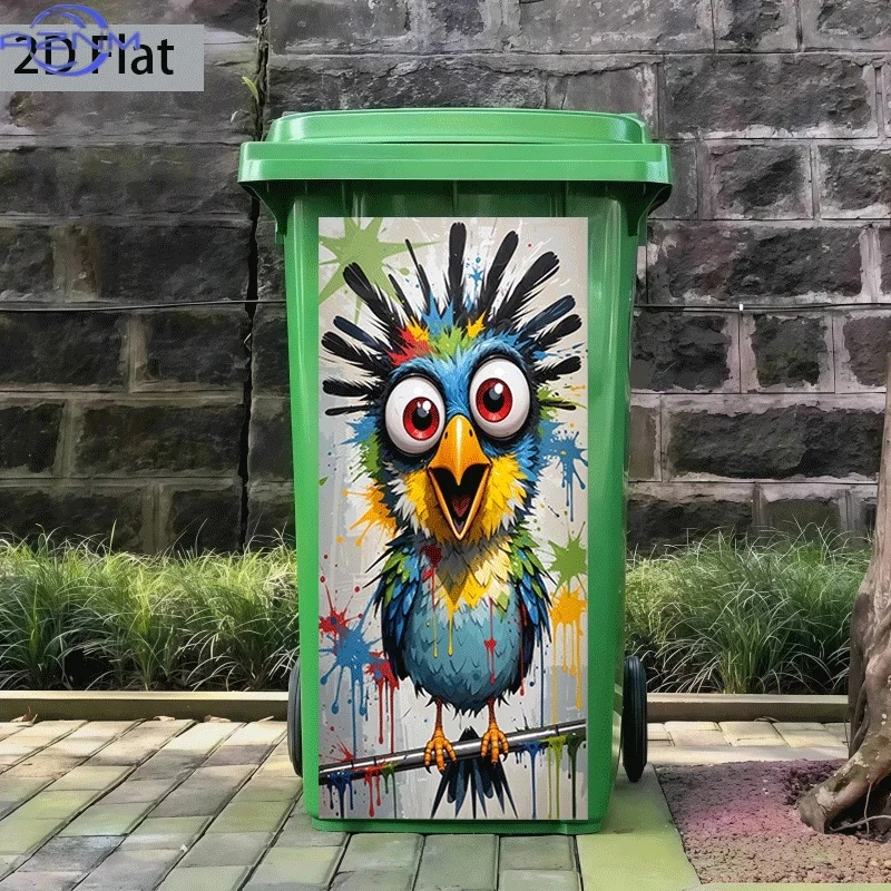 2D Flat Printing 1pc Trash Can Sticker 37×82cm Colorful Feather Cute Bird Screaming Theme Design Self-Adhesive Wall Decal Wall