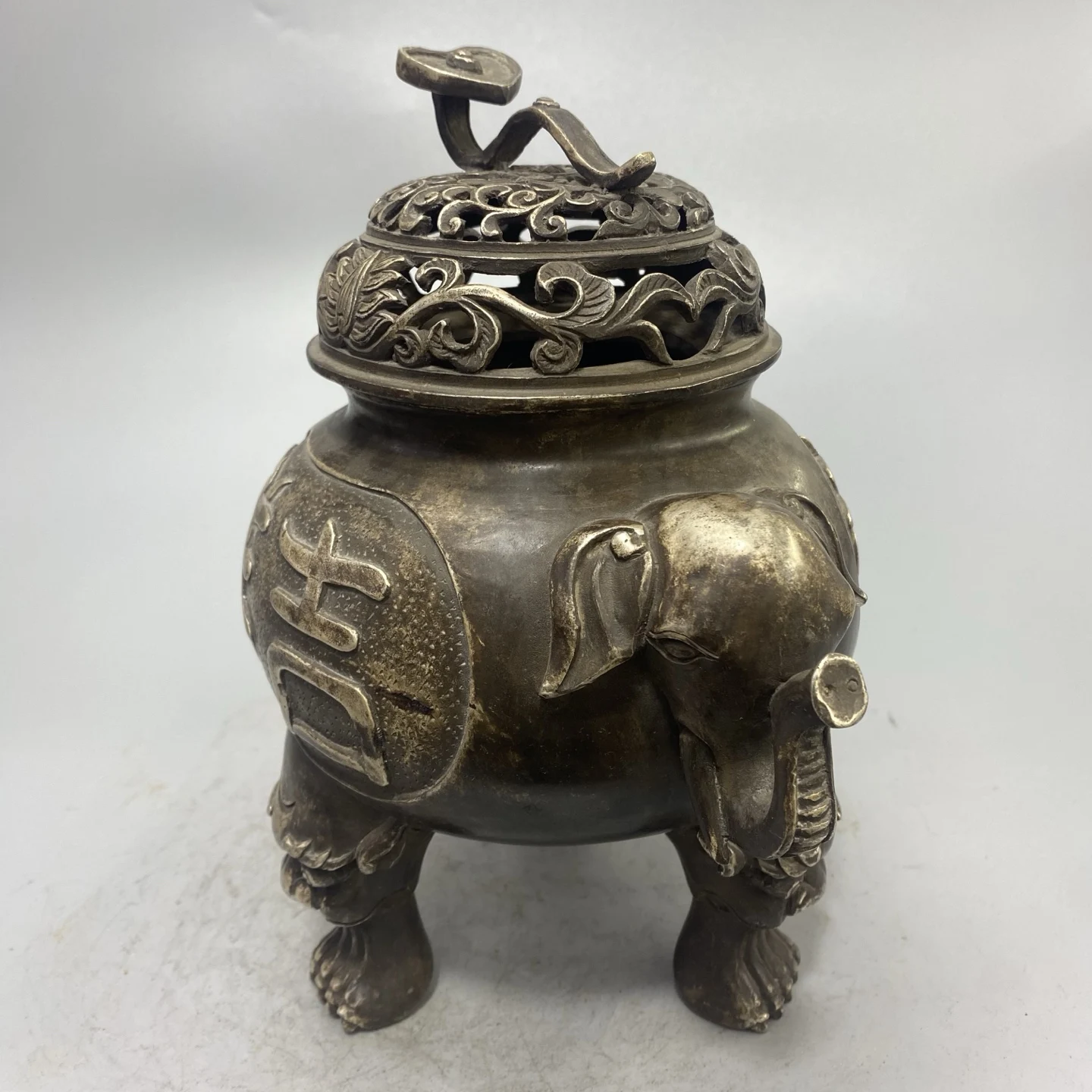 Old Bronze Gilded Silver Ruyi Gai Elephant Head Ear Tripod Incense Burner Amass wealth Ornaments Town house