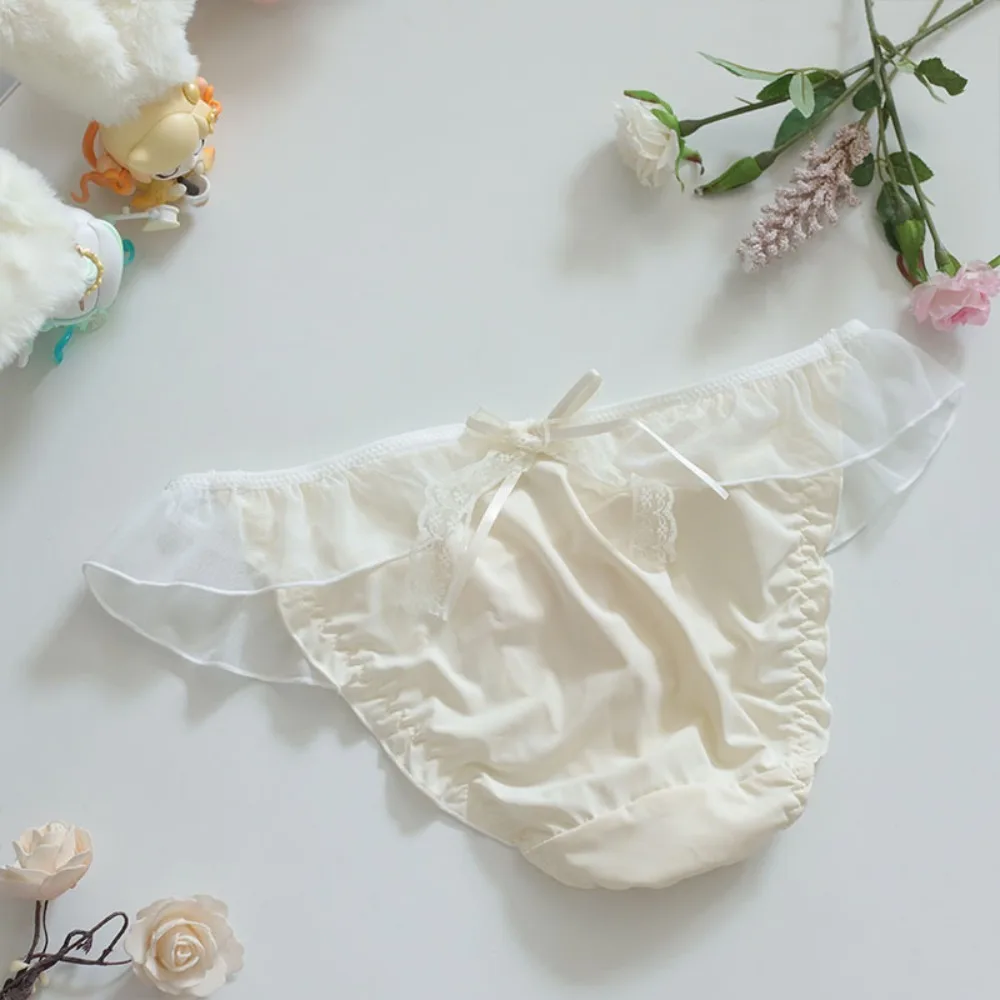 Sweet Flower Mesh Transparent Ruffle Briefs Cotton Crotch Low Waist Women\'s Lace Mesh Bowknot Panties Thin Elastic Girl