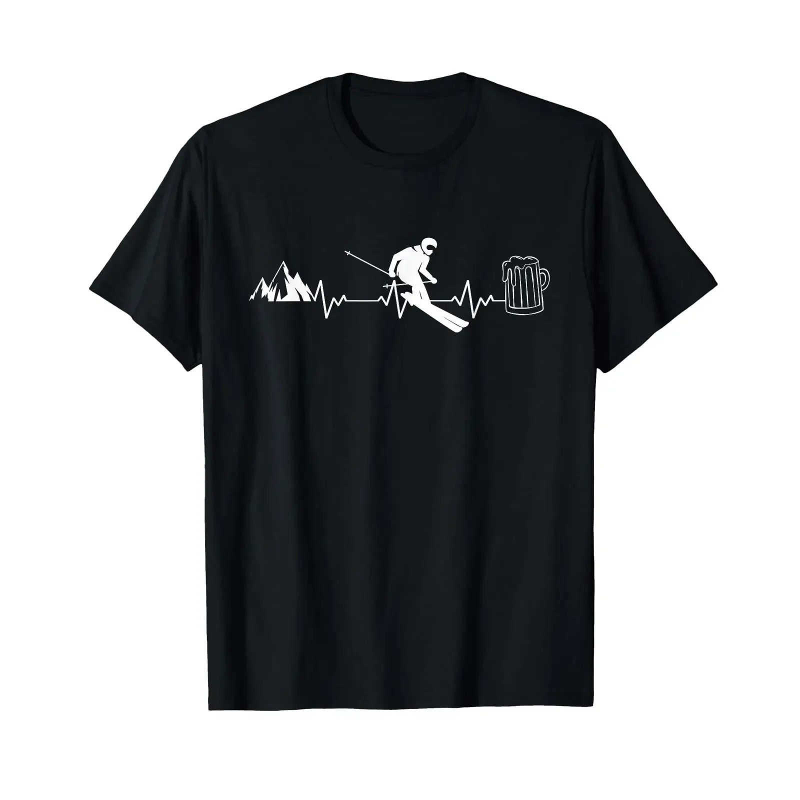 Skier Heartbeat Beer Ski Mountains Winter Sports Pulse T Shirt black vintage Washed Stretched fashion homme Versatile