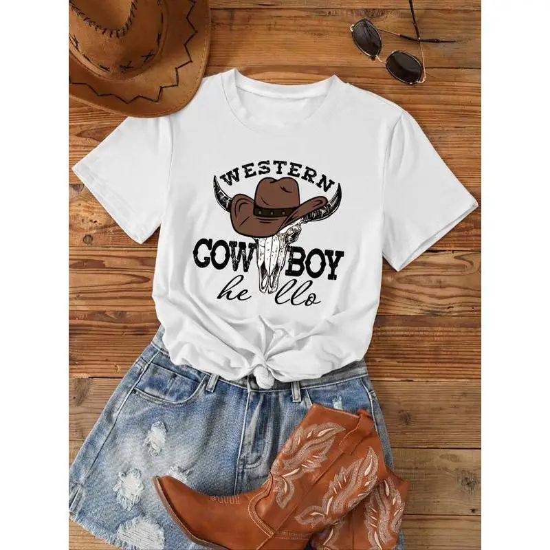 

Western Cowboy Graphic T-Shirt Vintage Country Rodeo Style Tee Slim Fit Top for Summer, Music Festival or Gift Idea S-3XL