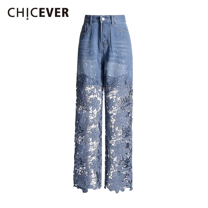 

CHICEVER Patchwork Lace Solid Denim Pants For Women High Waist Spliced Pocket Casual Fashion Hollow Out Chic Trousers Female