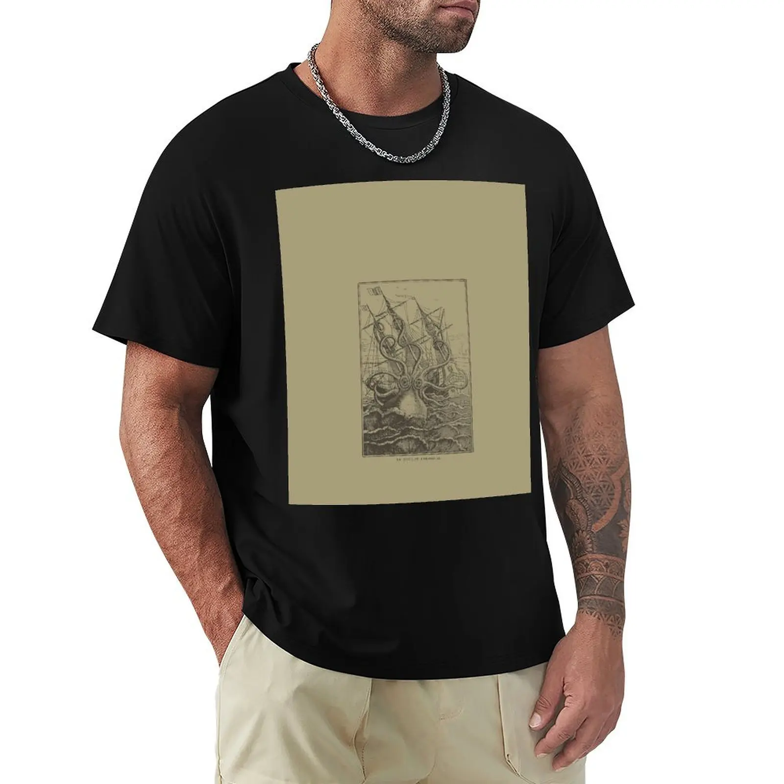 Colossal Octopus Kraken Attacking Ship Sea Monster T-Shirt All Match Print Short Sleeve Top