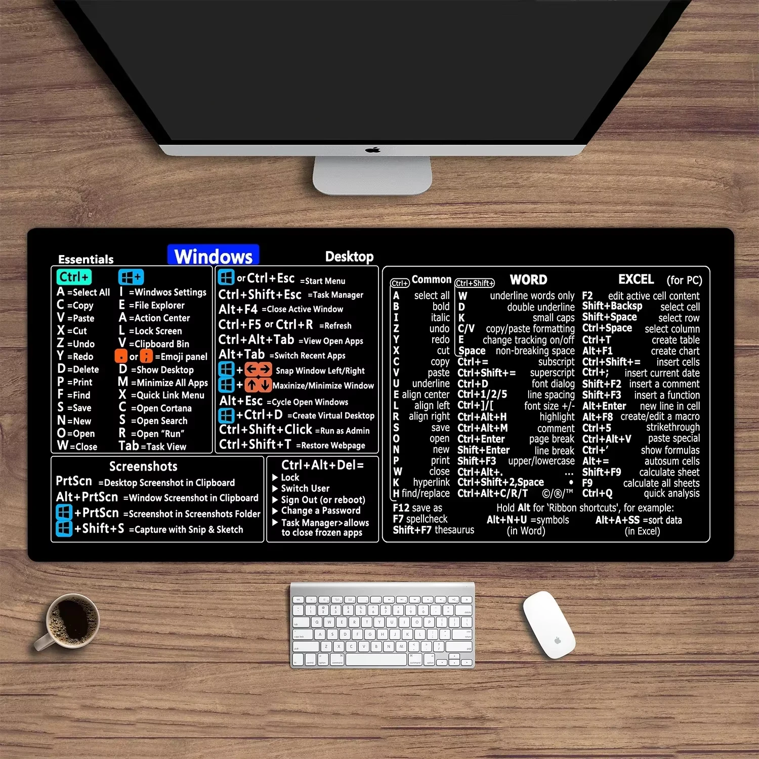 Windows,Excel,PPT Keyboard Shortcuts Mouse Pad Large Table Mausepad With Seamed Anti-slip Base Rubber Office Computer Desk Mat