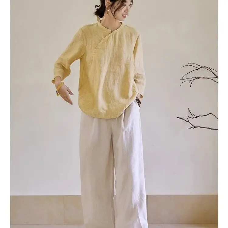 Linen New Chinese Style Improved Hanfu Diagonal T-shirt Shirt Top Chinese Style Yellow Pullover Loose Top for Women