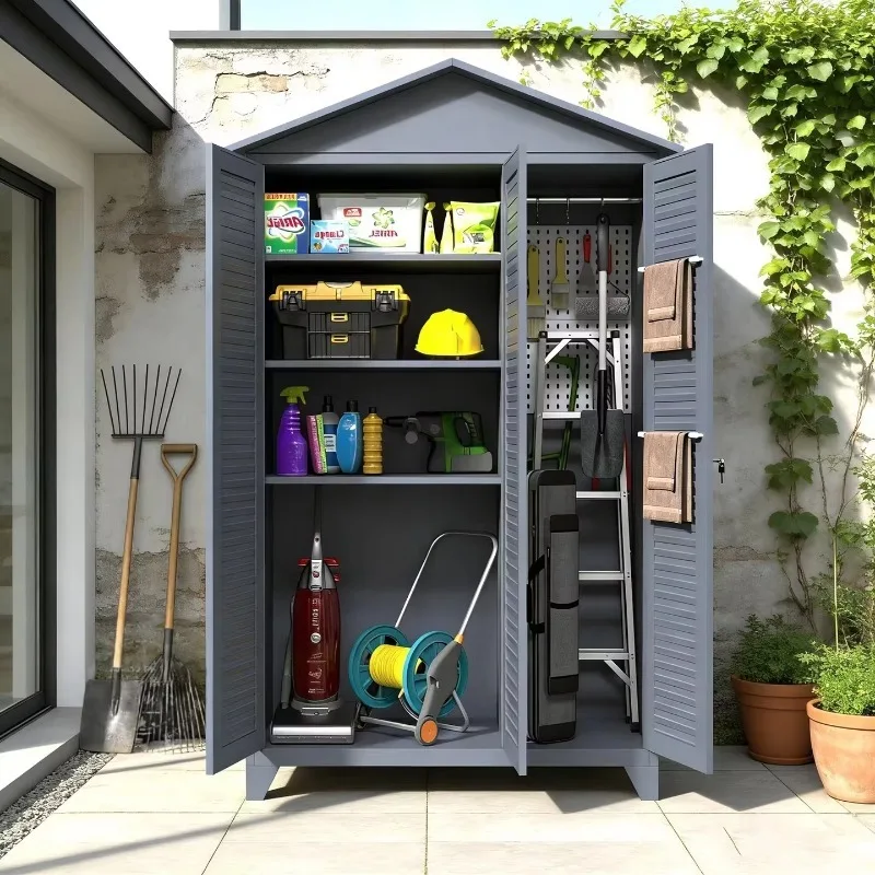 Outdoor Metal Storage Shed, Lockable Tool Cabinet with Sloped Roof, Large Capacity for Backyard Patio Garden Tools Storage
