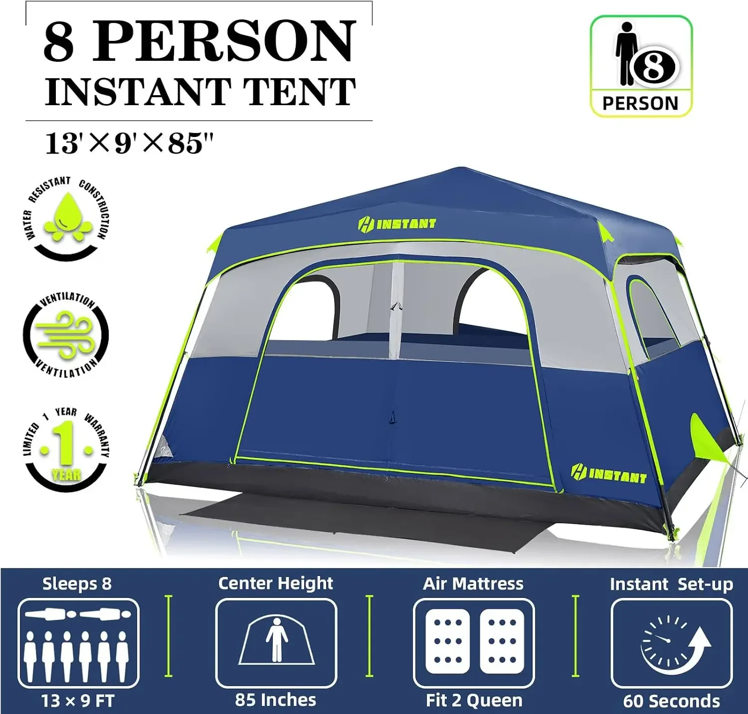 4/6/8/10 Person Instant Tent,Pop Up Tents for Camping with Rainfly | 60 Seconds Easy Setup,Cabin Tent for Family Camping