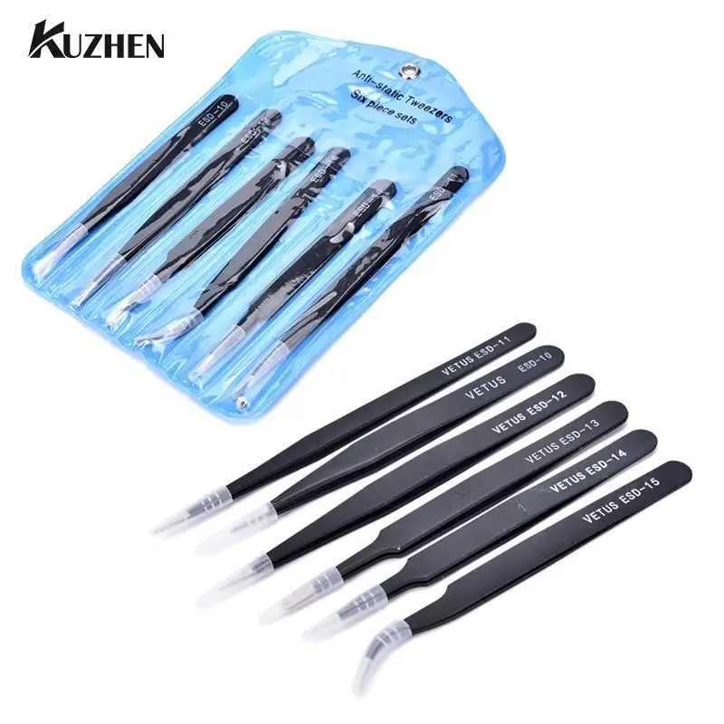 6pcs Esd Anti-static Stainless Steel Tweezer Set Maintenance Repair Tool Kit Anti Static Model Making Tool Hand Tool Set