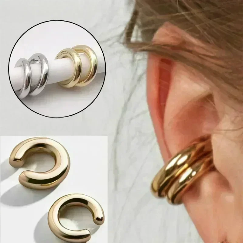 Unique Fake Piercing Metal Ear Clips Asymmetry Round Cartilage Ear Clip for Women Fashion Jewellery Party  Gift